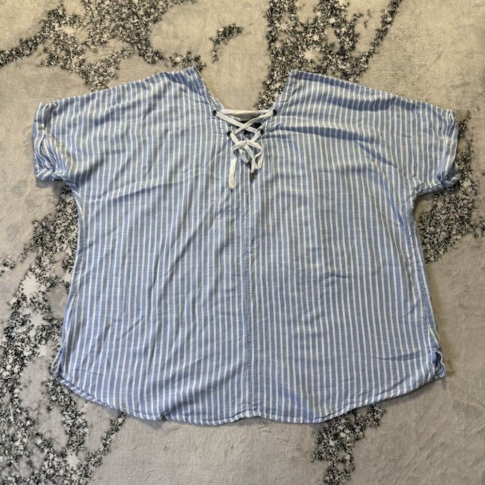 Arna York Collection Top Womens Size 22/24 Blue Stripe Lace Up Front Linen Blend